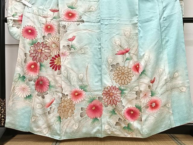 平和屋着物■豪華振袖　刺繍　孔雀羽花文　暈し染め　金彩　正絹　逸品　CAAV8316xe