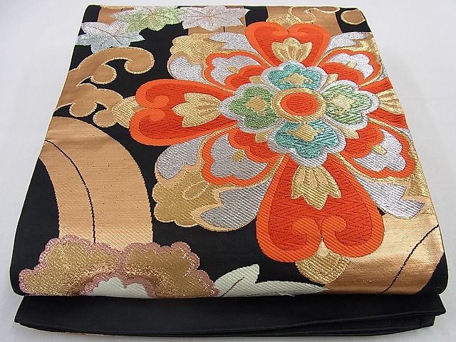 平和屋着物■六通柄袋帯　唐織　立波花菱菊楓文　黒地　金銀糸　逸品　n-cw0076