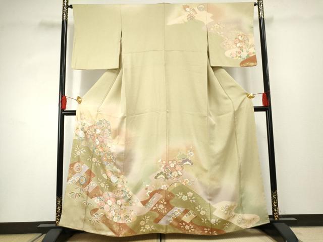 平和屋着物●訪問着　駒刺繍　地紙吉祥花松文　暈し染め　金彩　正絹　逸品　AABF3031cs