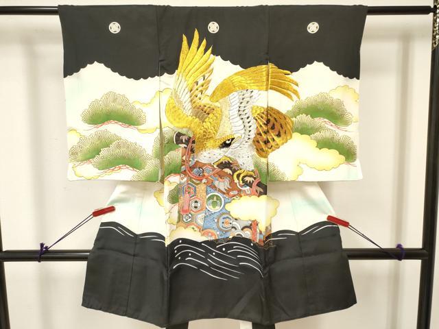 平和屋着物[]お宮参り 男の子 祝着 産着 初着 のしめ 刺繍 鷹 鷲 几帳松文 暈し染め 金彩 逸品 DABA3805ma
