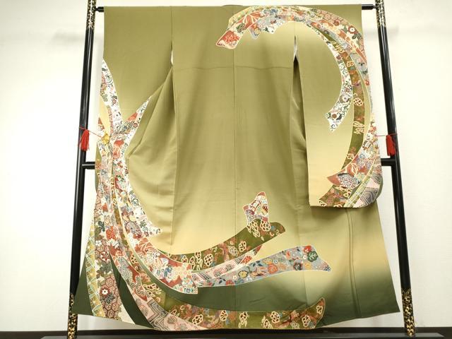 平和屋着物●豪華振袖　蔓帯鳳凰草花文　暈し染め　金彩　正絹　逸品　AABF3032cs