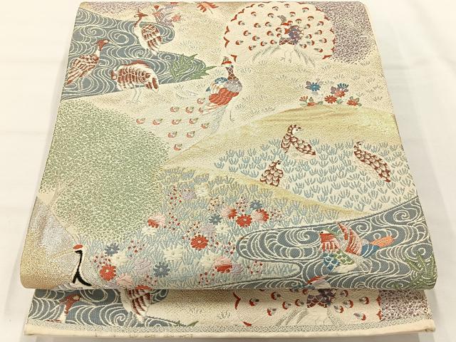 平和屋着物◎六通柄袋帯 唐織 孔雀花文 金銀糸 正絹 逸品 AABG0171uk