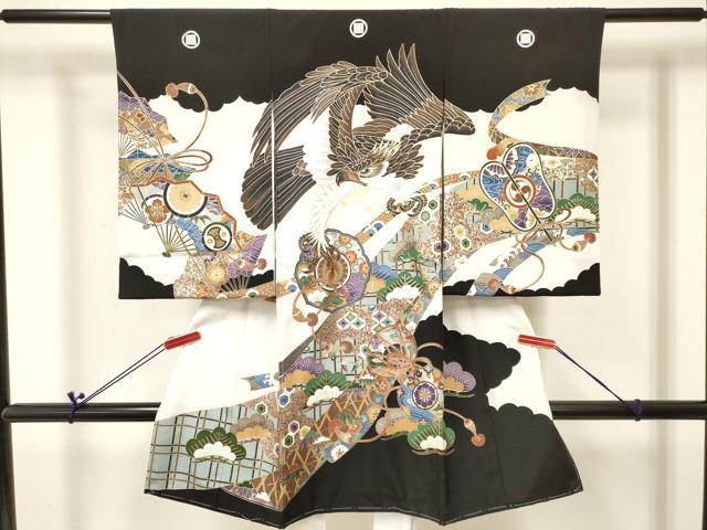 平和屋着物[]お宮参り　男の子　祝着　産着　初着　のしめ　鷹　鷲　鏡裏鼓松文　金彩　逸品　DABA3806ma