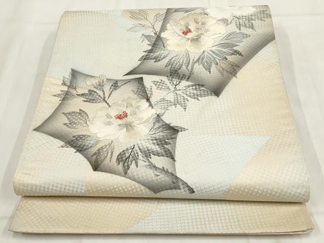 平和屋着物◎太鼓柄袋帯 刺繍 草花文 銀糸 正絹 逸品 AABH1133wj