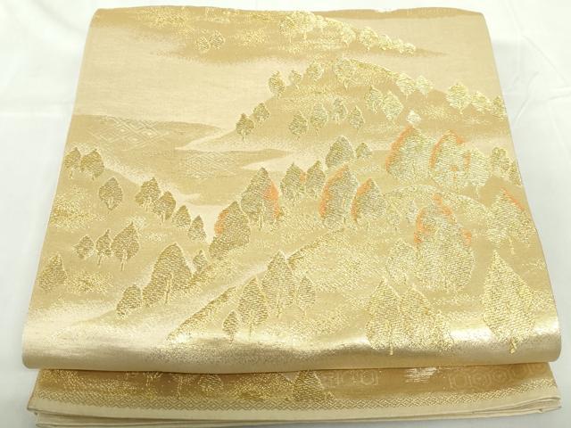 平和屋着物◎六通柄袋帯　重ね山樹林文　金糸　正絹　逸品　DABD4196qa