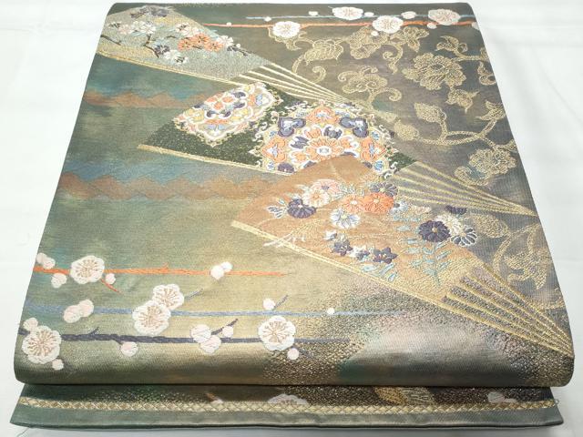 其它 - 平和屋着物◎六通柄袋帯　唐織　扇面花文　金糸　引箔　正絹　逸品　CAAY7732fb