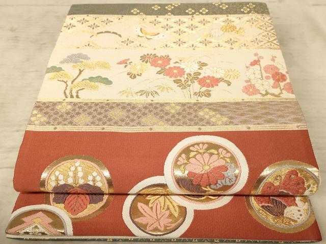 平和屋着物◎六通柄袋帯　唐織　花蝶文　金糸　正絹　逸品　AAAZ0802dt