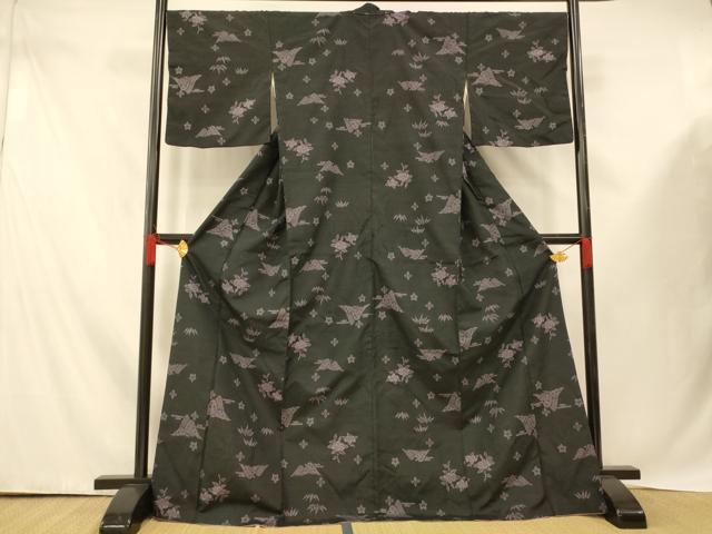 平和屋着物■上質な紬　吉祥山重ね文　黒地　ロング丈　正絹　逸品　AABE3848fw