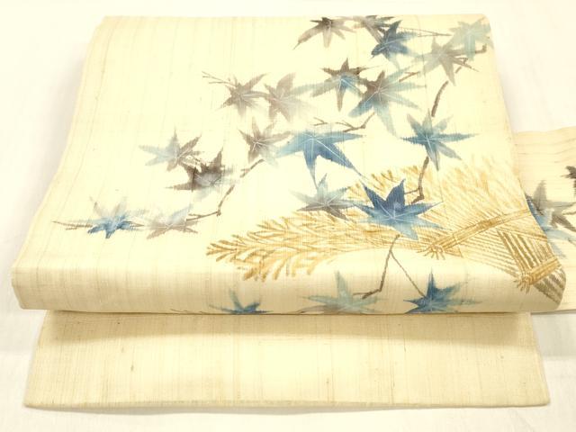 平和屋着物＊夏物　九寸名古屋帯　手描き　草葉文　麻　逸品　DABC8330cm