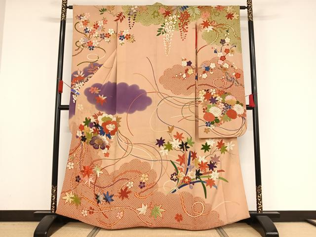平和屋着物●アンティーク　大正ロマン　振袖　駒刺繍　草花文　久寿玉　金糸　金彩　正絹　逸品　AAAZ3272npのサムネイル