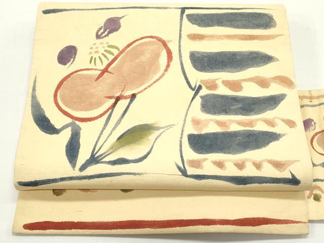 平和屋着物●九寸名古屋帯　紬地　草花横段文　蜂蜜色　正絹　逸品　DAAV9381ob