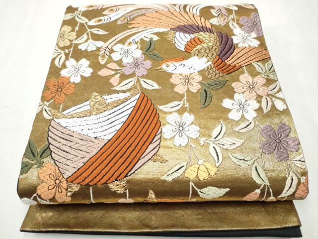 平和屋着物●六通柄袋帯 唐織 糸巻き鳳凰花文 金糸 正絹 逸品 CAAW4786hy