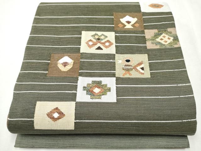 平和屋着物●両面　太鼓柄袋帯　紬地　吉祥鳥文　正絹　逸品　未使用　CAAX1398hy