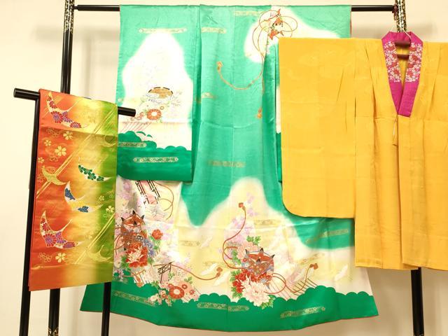 平和屋着物[]七五三　女の子　7歳　祝着　四つ身　長襦袢・袋帯セット　駒刺繍　鴛鴦　糸車　飛鶴花文　暈し染め　金彩　DAAS9088ma