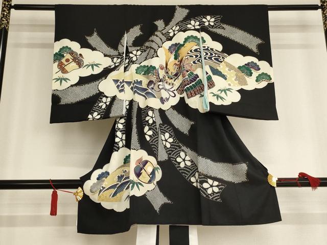 平和屋着物[]お宮参り　男の子　祝着　産着　初着　のしめ　駒刺繍　束ね熨斗雲取り兜文　金彩　逸品　AAAU5330ja