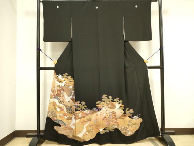 平和屋着物■豪華黒留袖　風景飛鶴花松文　金彩　正絹　逸品　DAAZ2918op