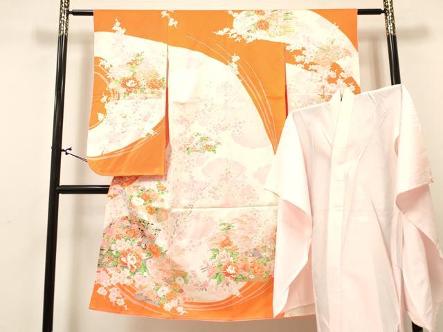 平和屋着物[]七五三　女の子　7歳　祝着　四つ身　長襦袢(単衣)セット　地紙牡丹飛鶴花文　金彩　DABA3852ma