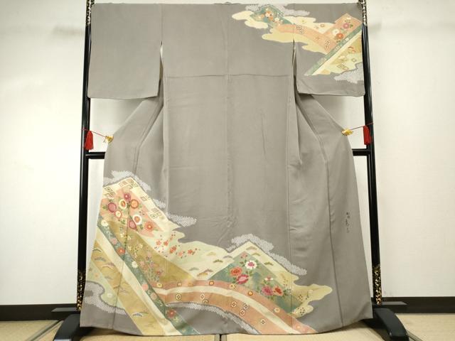 平和屋着物●京友禅の第一人者　松井青々　訪問着　駒刺繍　絞り　吉祥草花文　金彩　正絹　逸品　AABF4223cs