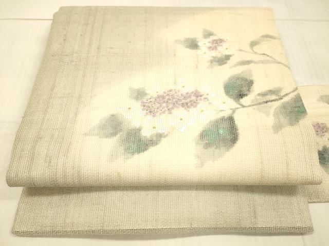 平和屋着物＊夏物　九寸名古屋帯　手描き　草花文　銀彩　正絹　逸品　DAAX0298cm