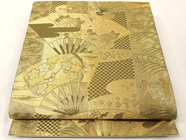 平和屋着物◎佐賀錦　六通柄袋帯　扇面吉祥花文　金糸　正絹　逸品　AAAM5259ey
