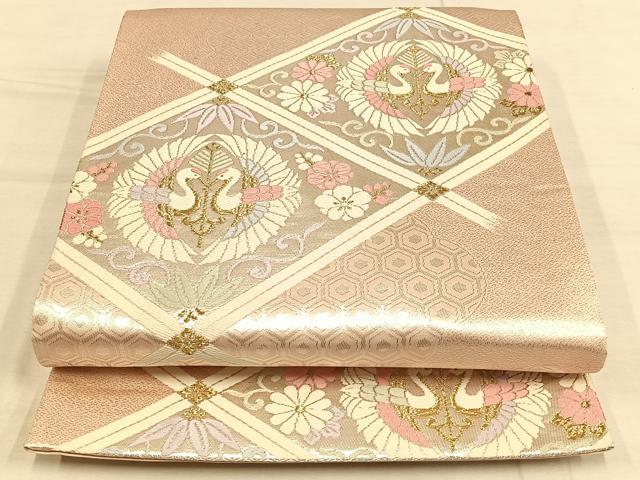 平和屋着物◎六通柄袋帯　唐織　天井双鶴文　金銀糸　正絹　逸品　AAAP6272ey