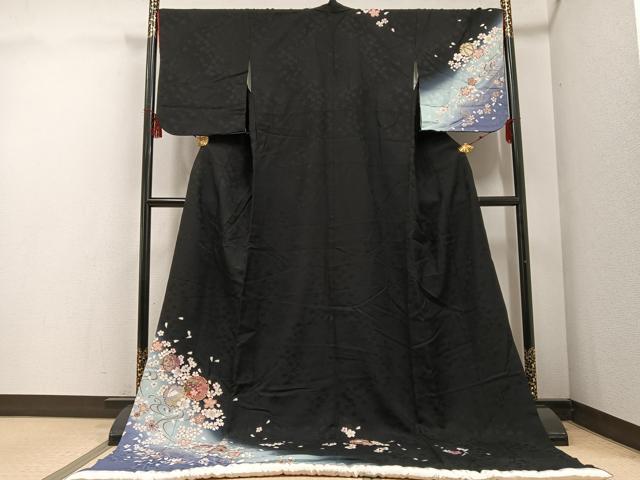 平和屋着物●お引きずり・お引き摺り 訪問着 和装 舞妓 芸妓 衣装 駒刺繍 雪輪 兎 糸巻 桜 暈し染め 黒..