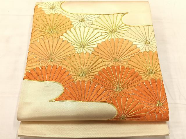 平和屋着物◎太鼓柄袋帯 総刺繍 駒刺繍 エ霞菊文 金糸 正絹 逸品 AABF6453uk