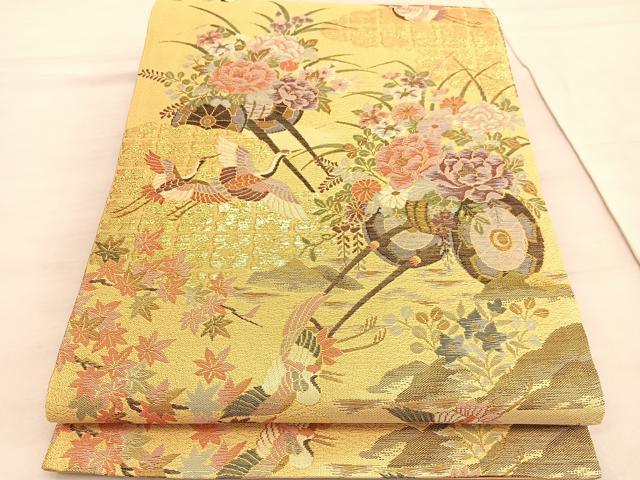 平和屋着物◎六通柄袋帯　飛鶴花車文　金糸　正絹　逸品　BAAV5260hv