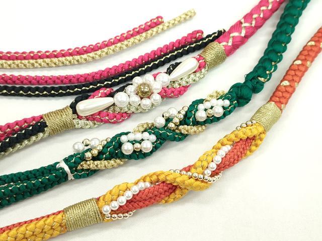 平和屋着物▼和装小物　帯締め3本セット　振袖用　飾り付き　パール　紅緋　鉄色　ルビー色　金糸　逸品..