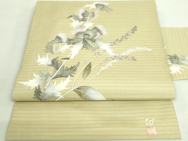 平和屋着物■極上 夏物 華道家 楠目ちづ 絽塩瀬 九寸名古屋帯 手描き アザミ 木蘭色地 三越扱い 逸品 DZAA8780kh5