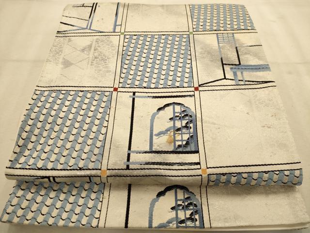 平和屋着物◎六通柄袋帯　唐織　格子風景文　金銀糸　正絹　逸品　AABA4729dt
