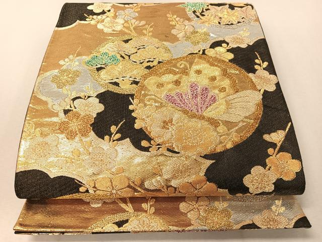 平和屋着物▼六通柄袋帯　雲取り花蝶丸文　黒地　金銀糸　正絹　逸品　CAAX0374vp