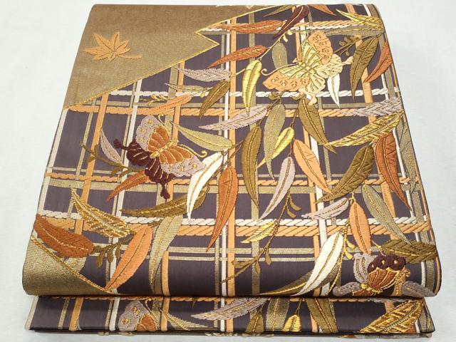 平和屋着物◎六通柄袋帯 唐織 舞蝶枝葉文 金糸 正絹 逸品 CAAY5922fb