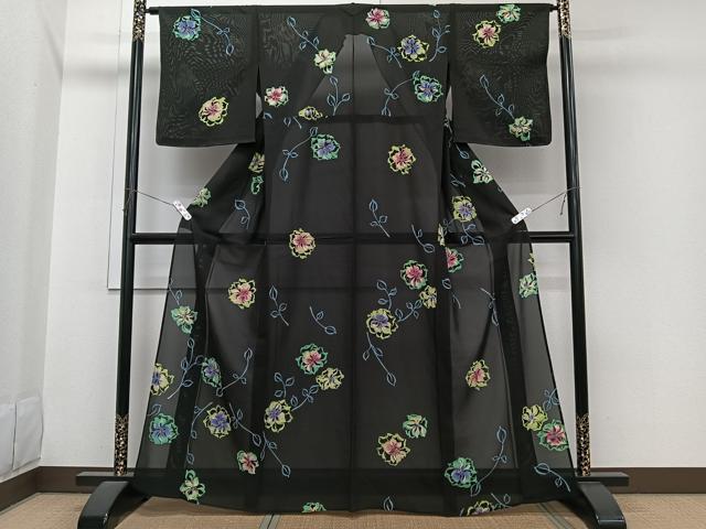 平和屋着物＊夏物 訪問着 ろうけつ染め 草花文 黒地 正絹 逸品 CABI3660xi