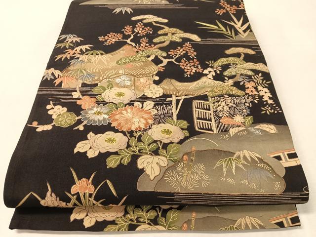 平和屋着物●アンティーク 大正ロマン 全通柄 京袋帯 駒刺繍 御所解文 引き抜き帯 黒地 銀糸 正絹 逸品 CABK4729vp