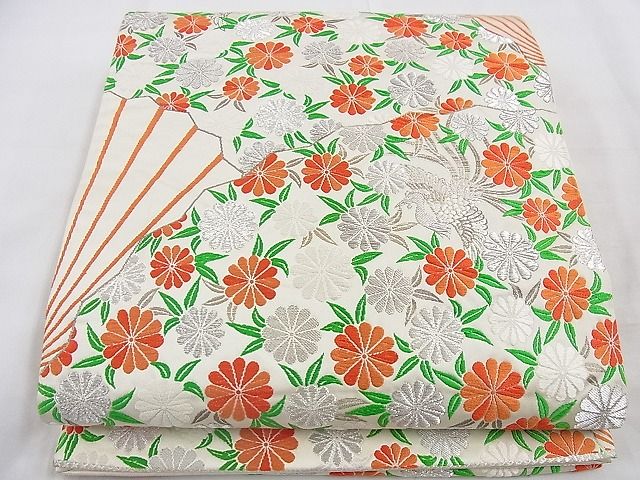 平和屋着物■六通柄袋帯　唐織　菊寿扇文　銀糸　逸品　n-cw0068