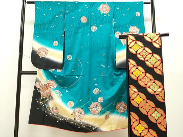 平和屋着物[]七五三　女の子　7歳　祝着　四つ身　袋帯セット　駒刺繍　糸車鞠舞蝶花文　暈し染め　金..