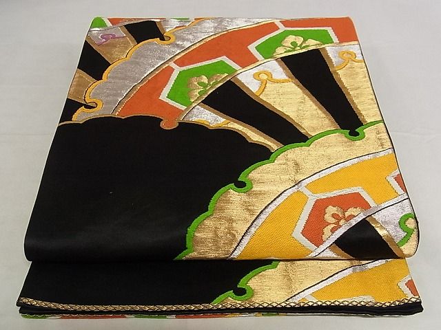 平和屋着物■六通柄袋帯　唐織　雪輪　片輪車花文　黒地　金銀糸　正絹　逸品　A-pf5045