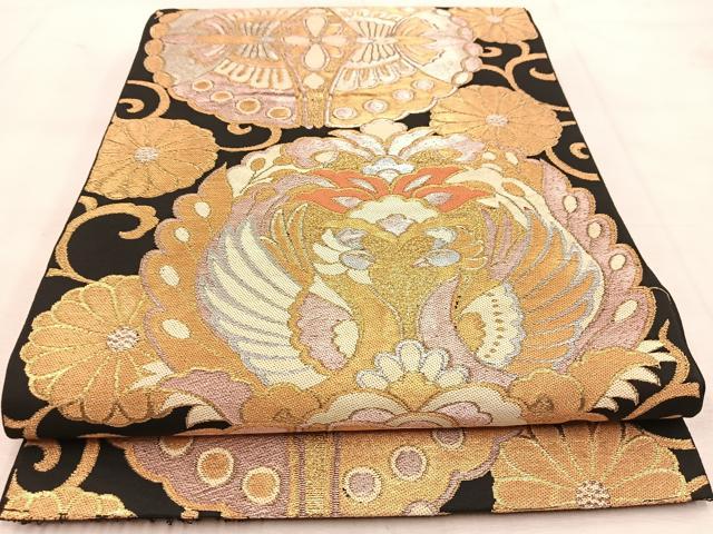 平和屋着物◎六通柄　本袋帯　正絹　向かい動物更紗　黒地　金銀糸　正絹　逸品　BAAU8517yc