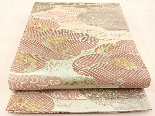 平和屋着物◎六通柄袋帯　唐織　プラチナ箔　雲取り立波文　正絹　逸品　BAAU8533yc