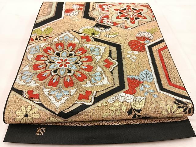 平和屋着物◎六通柄　本袋帯　唐織　亀甲正倉院花文　黒地　金糸　BAAU8539yc