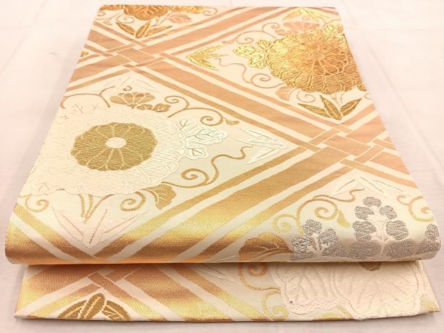 平和屋着物◎全通柄袋帯　唐織　舞楽菱文　金銀糸　正絹　逸品　未使用　BAAU8583yc