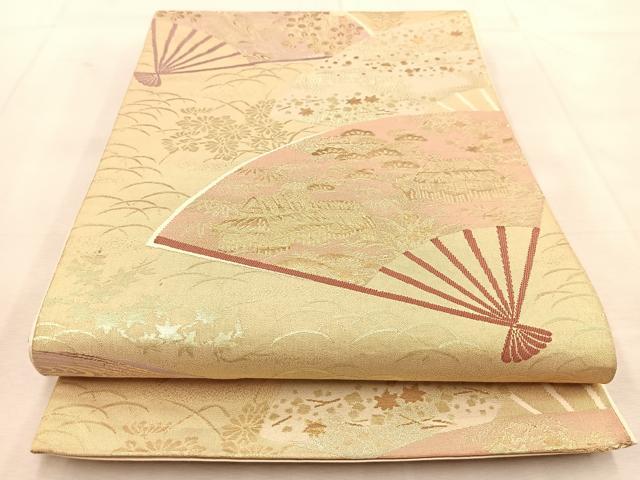 平和屋着物◎六通柄袋帯　扇面風景秋草文　金糸　正絹　逸品　BAAU8586yc