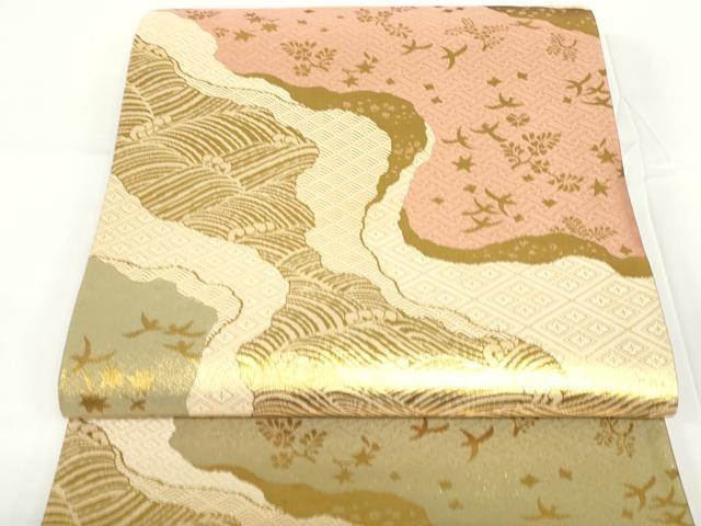 平和屋着物◎佐賀錦　六通柄袋帯　道長飛鳥花文　金糸　正絹　逸品　DAAZ5538ea
