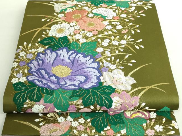 平和屋着物■極上　巨匠　前田華清　手描き　六通柄袋帯　唐織　草花文　璃寛茶色地　金銀糸　逸品　DZAA8759kh5