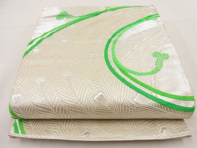 平和屋着物■六通柄袋帯 唐織 孔雀羽結び紐吉祥文 銀糸 逸品 n-ip0824