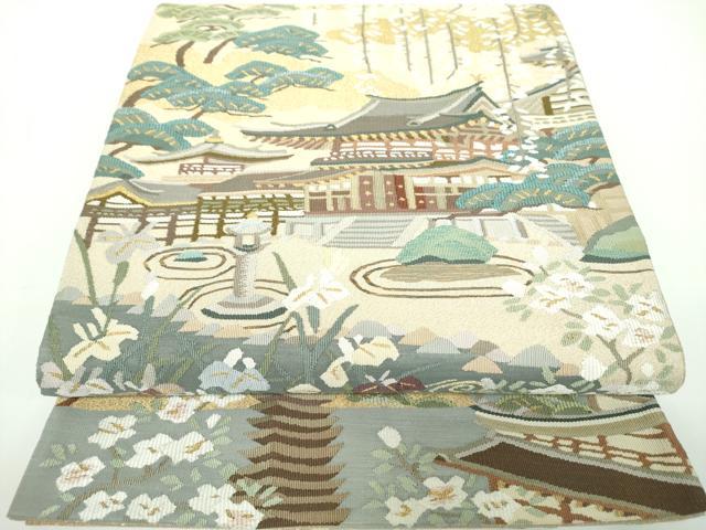 平和屋着物●綴れ　六通柄袋帯　日本風景花文　金糸　正絹　逸品　未使用　DAAV6906ps