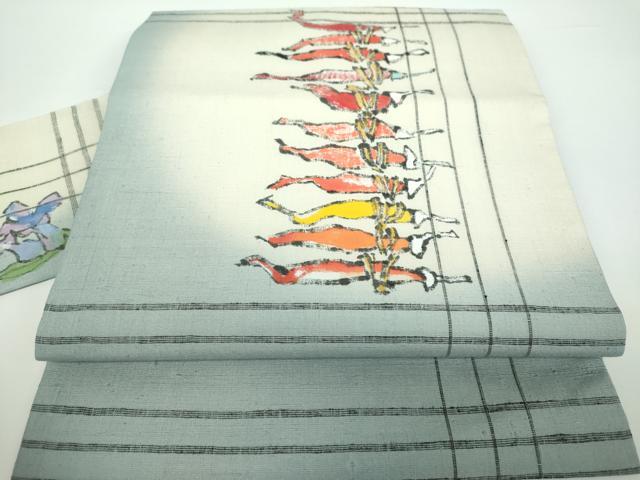 平和屋着物●太鼓柄袋帯　作家物　紬地　切嵌芝文　銀通し地　正絹　逸品　未使用　DAAV9331ob 平和屋着物○太鼓柄袋帯 作家物 紬地 切嵌芝文 銀