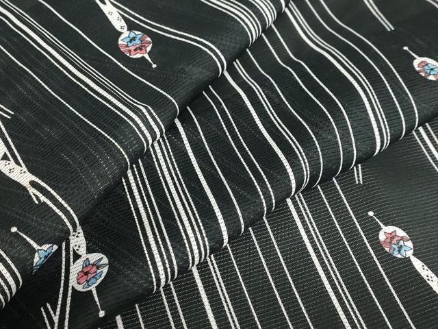 平和屋着物＊夏物　小紋　絽　簪　黒地　洗える着物　AABA6860st