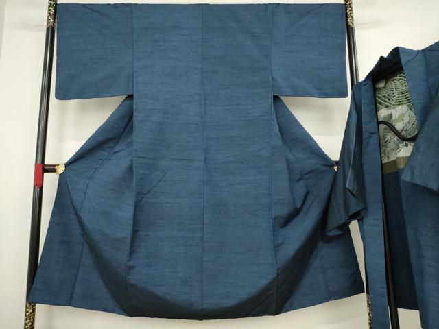 平和屋着物●男性 紬 アンサンブル 色無地 藍鉄色 正絹 逸品 AABA7989ck